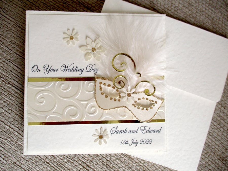 Masquerade Wedding Card - Personalised - Congratulations - Ivory and Gold