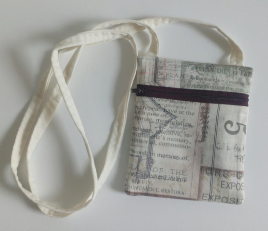 Cotton crossbody bag, festivals, dogwalking, fabric bag, long strap, cream, text