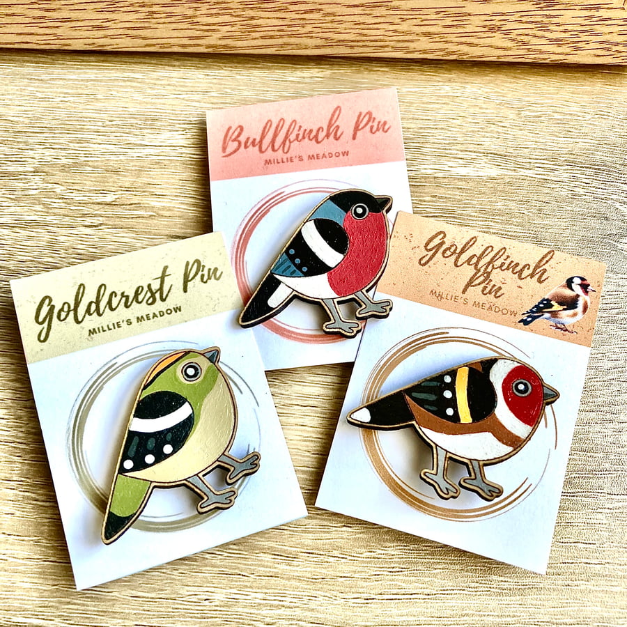Goldcrest, Goldfinch and Bullfinch pin badges set of 3