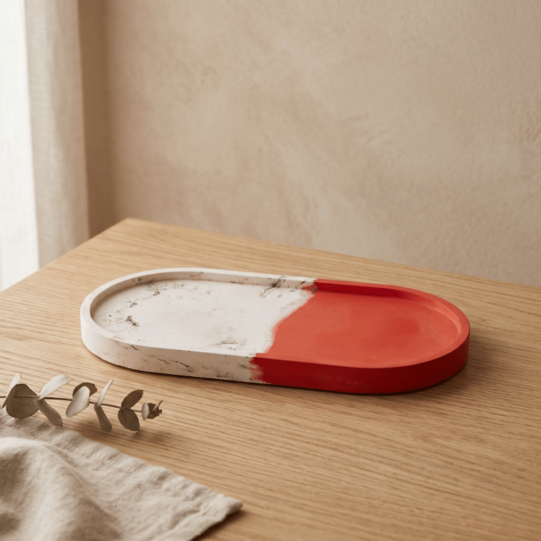 Large Oval Marbled and Red Decorative Dish - Half and Half Catchall Valet Tray