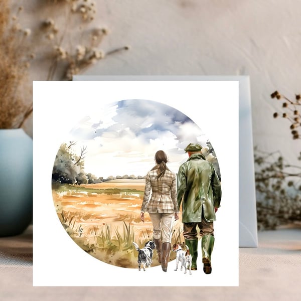 A couples Country Walk - Choose your Character and Dog - Anniversary Card