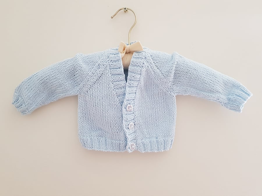  Hand Knitted Soft Cotton Pale Blue New Baby Cardigan 16"