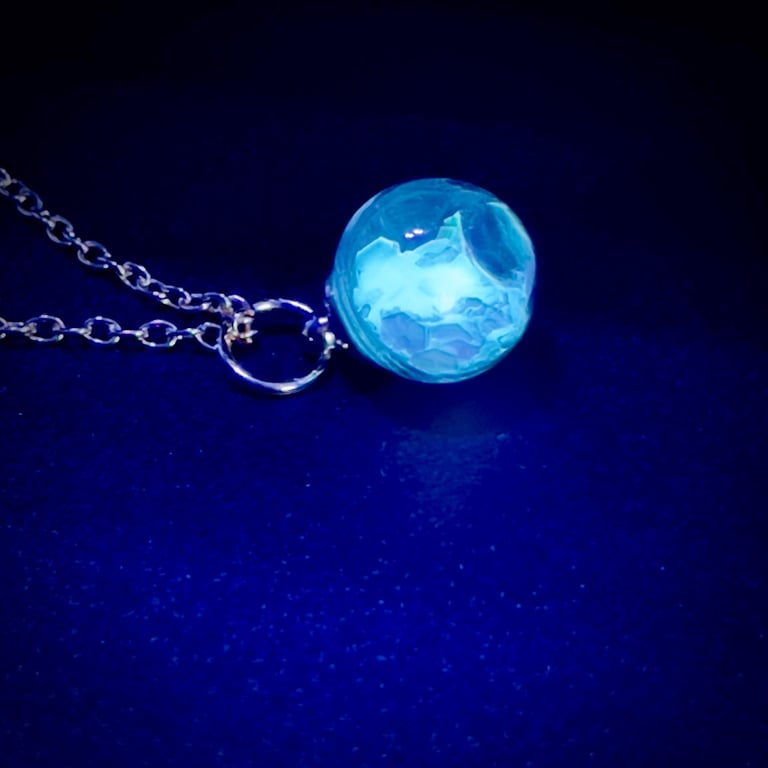Iridescent Fairy Dust Glass Globe Pendant Necklace, Glow in the Dark