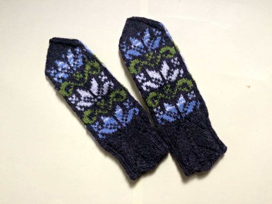 READY TO SHIP Hand Knit Wool Mittens Fair Isle Grey Blue Green Floral Christmas