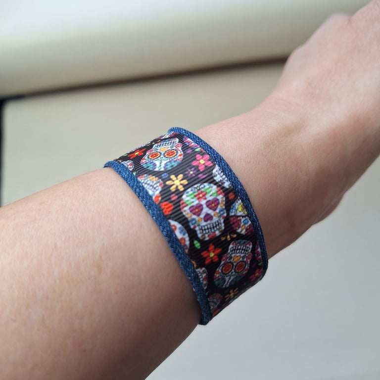 Upcycled Denim Skull Bracelet – Gothic Wristband with Mexican Calavera Ribbon