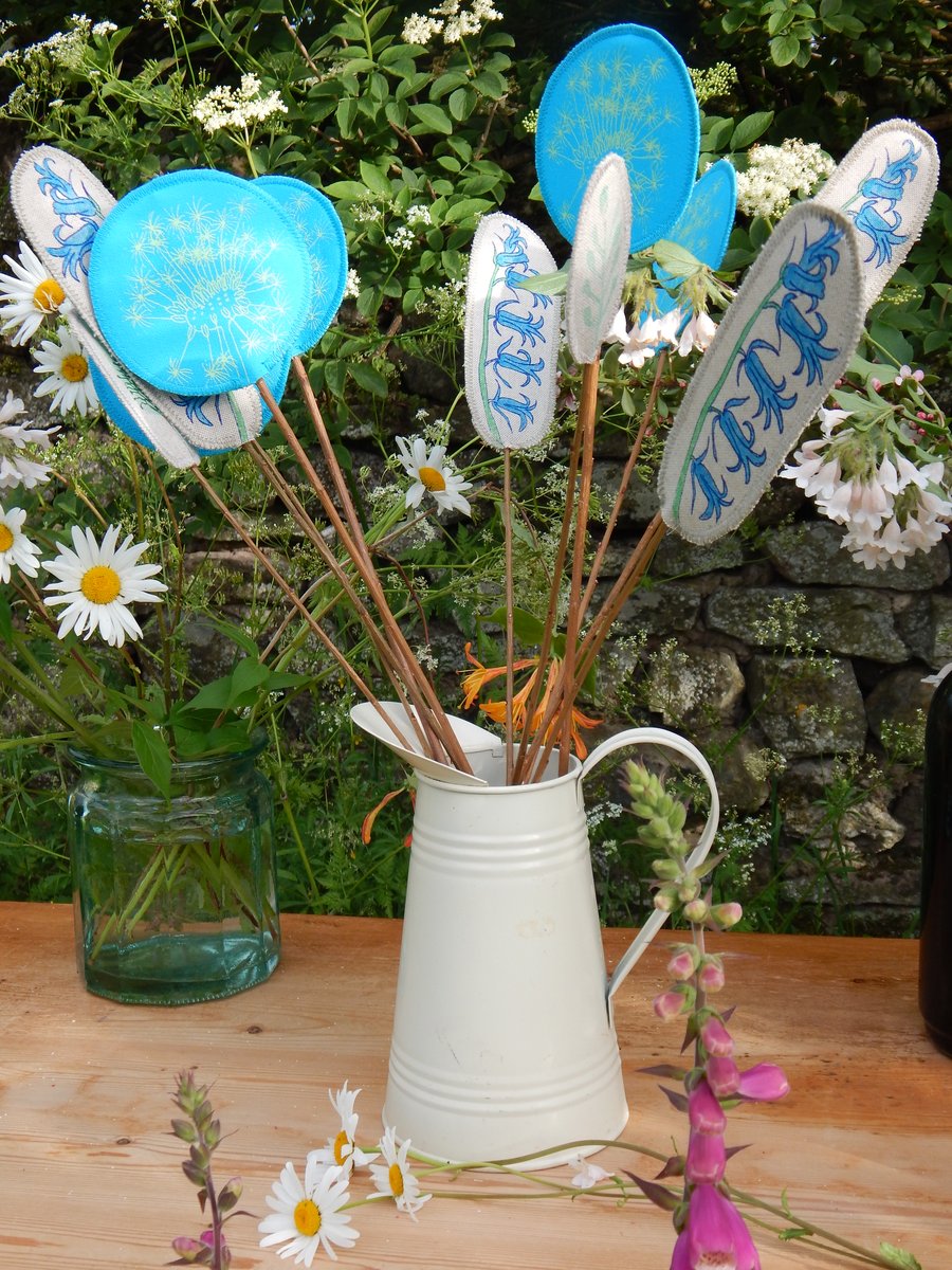 Bluebells and dandelion clocks -Screen printed Fabric Bouquet