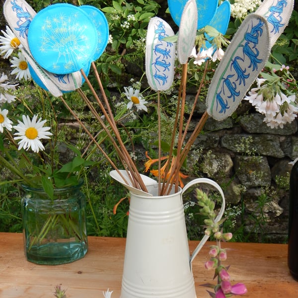 Bluebells and dandelion clocks -Screen printed Fabric Bouquet