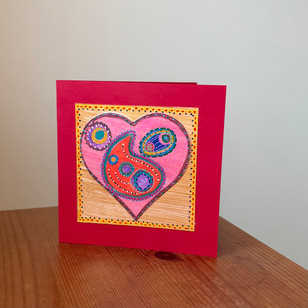 Hand painted collage card - ‘Paisley Heart No.2’