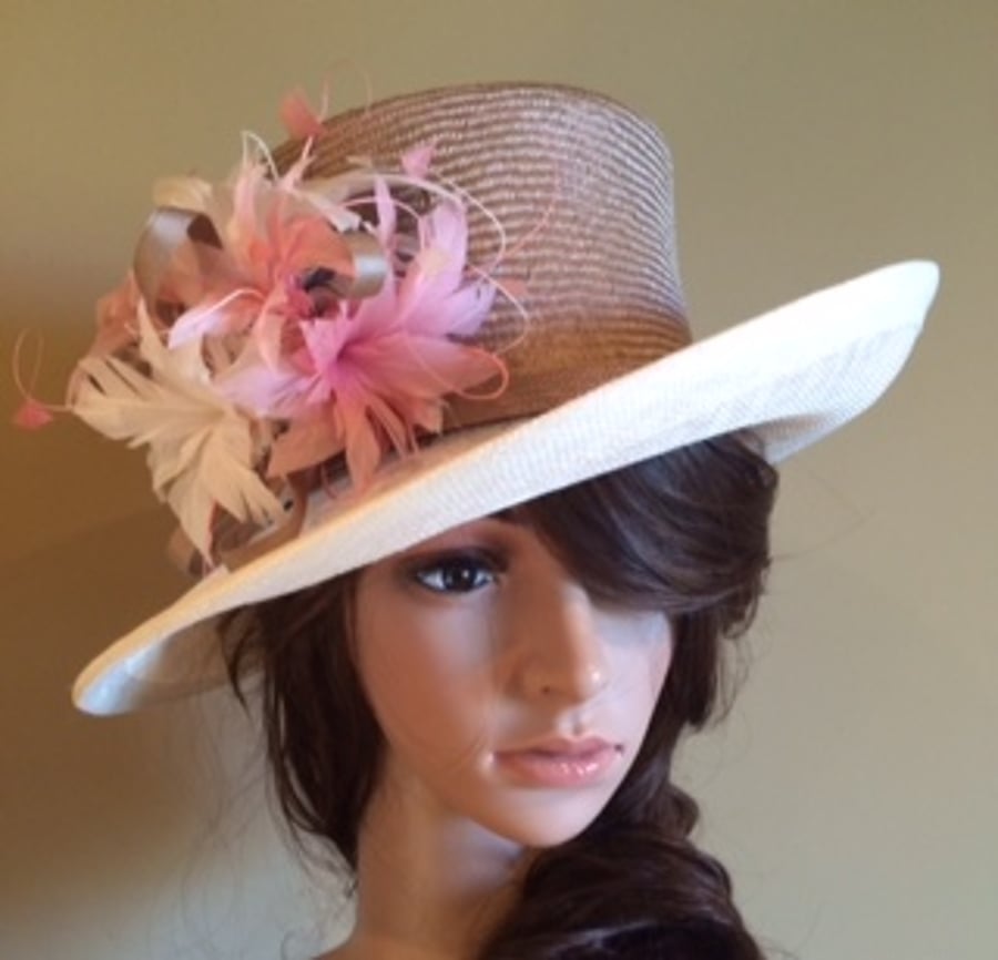 Bespoke Gold beige & Cream hat with pink mother of the bride, weddings,races