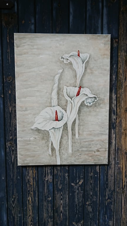 White calla lillies watercolour painting on smokey canvas background 