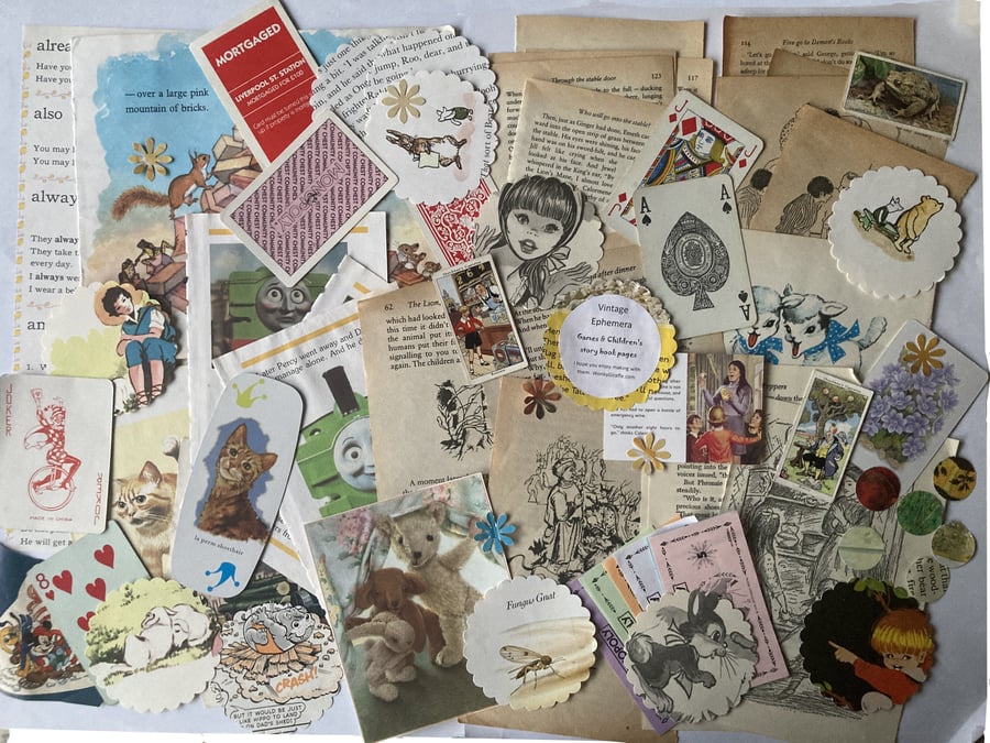 Vintage ephemera story books pages and games, scrap book, collage, mixed media. 
