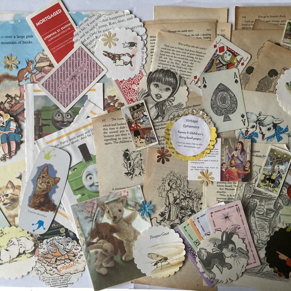 Vintage ephemera story books pages and games, scrap book, collage, mixed media. 