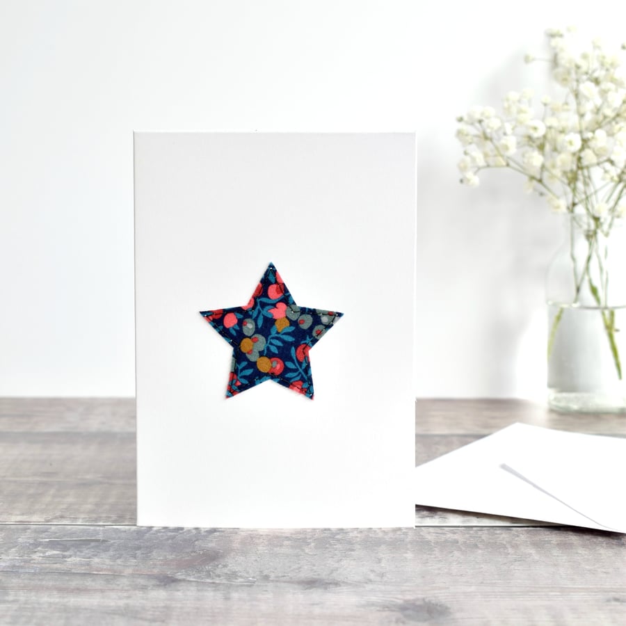 Embroidered star card, Liberty fabric star card, stitched star Christmas card