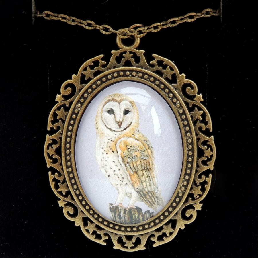 Barn Owl Pendant Necklace - Fancy Bronze Style
