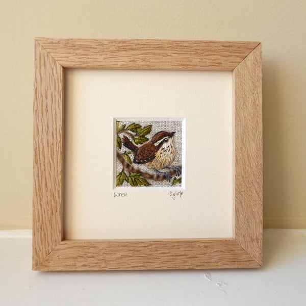Wren on a branch - hand stitched picture 