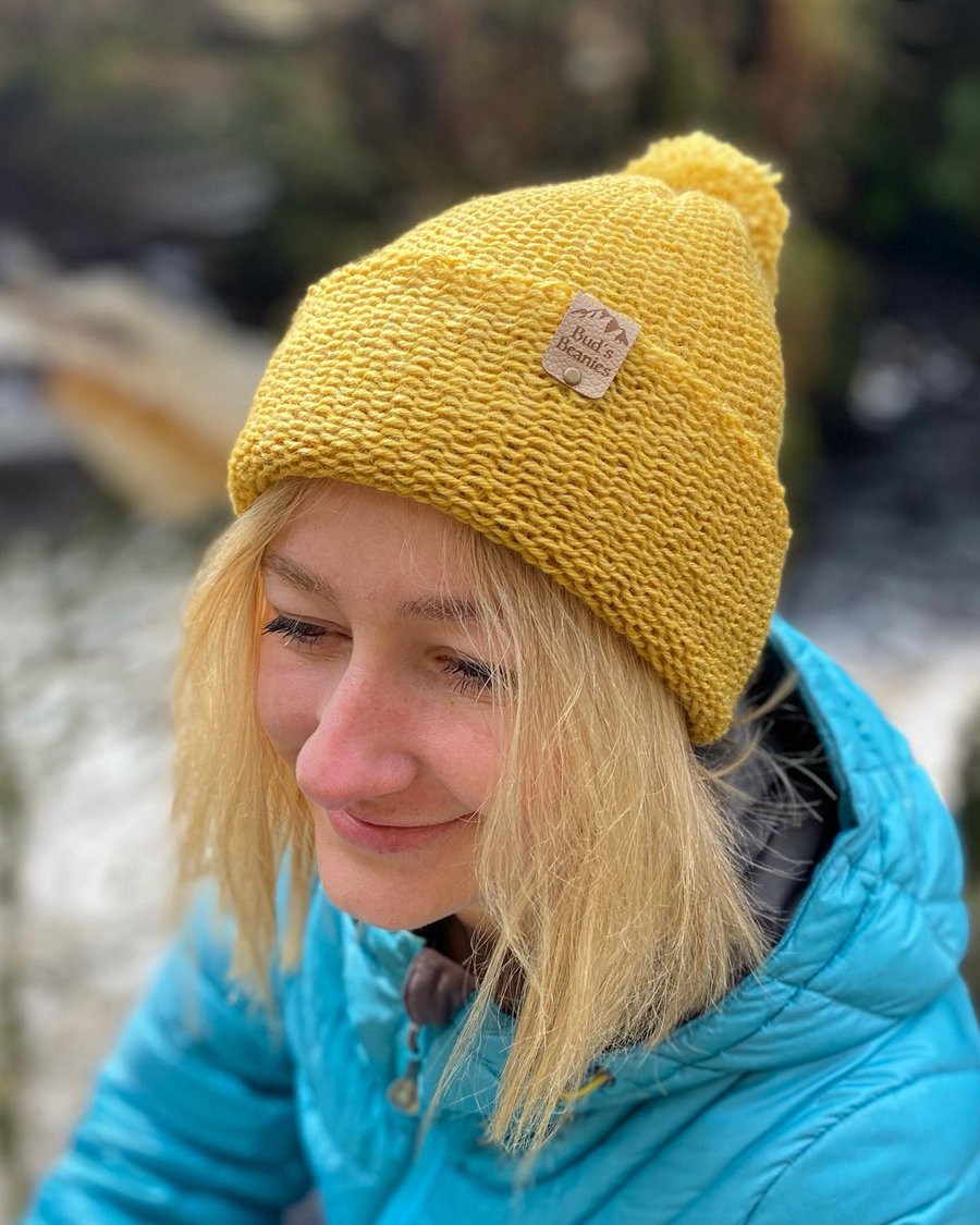Bobble style beanie hat in sunflower Yellow wool (unisex)
