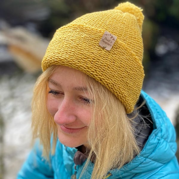 Bobble style beanie hat in 'Dijon Mustard Yellow' wool (unisex)