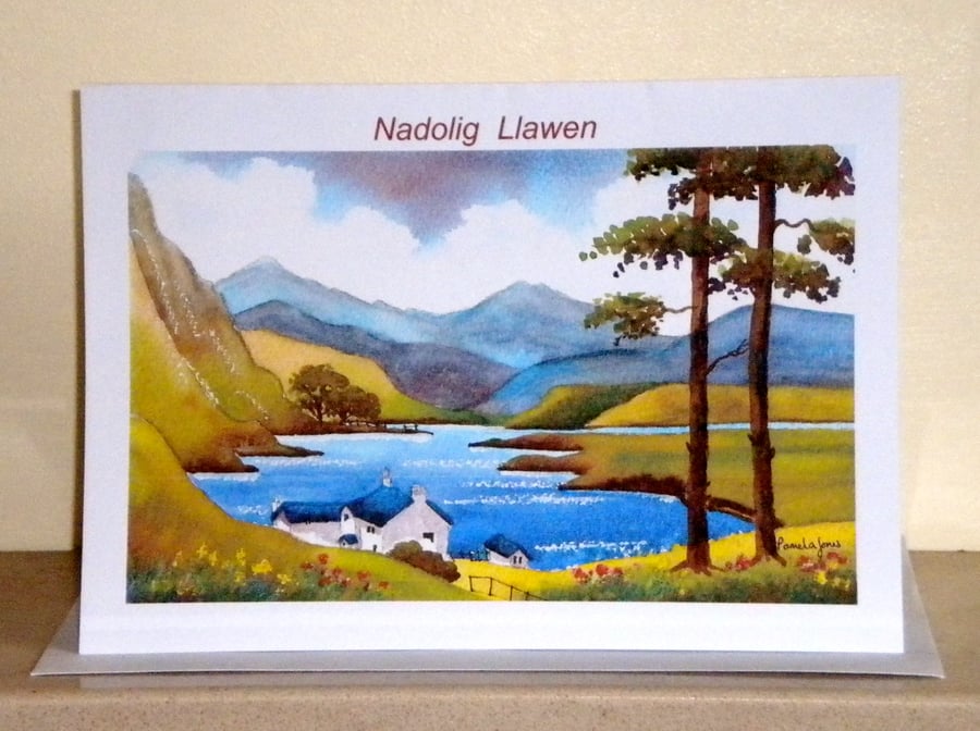 Nadolig Llawen, Welsh Christmas Card, Lakeside Cottage, Snowdonia, Blank inside