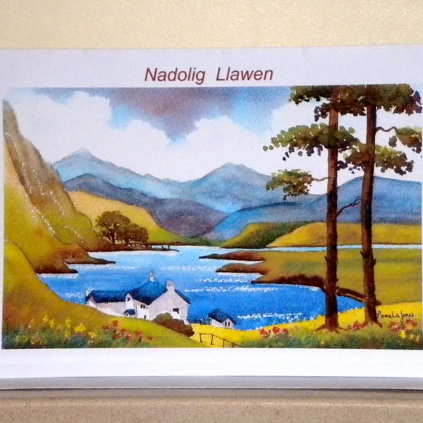 Nadolig Llawen, Welsh Christmas Card, Lakeside Cottage, Snowdonia, Blank inside