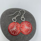 Red aluminium circle tree earrings with silver ring