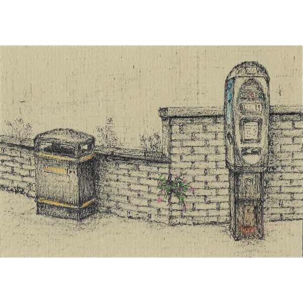Parking Meter miniature framed pen drawing with pastel colour A8 size