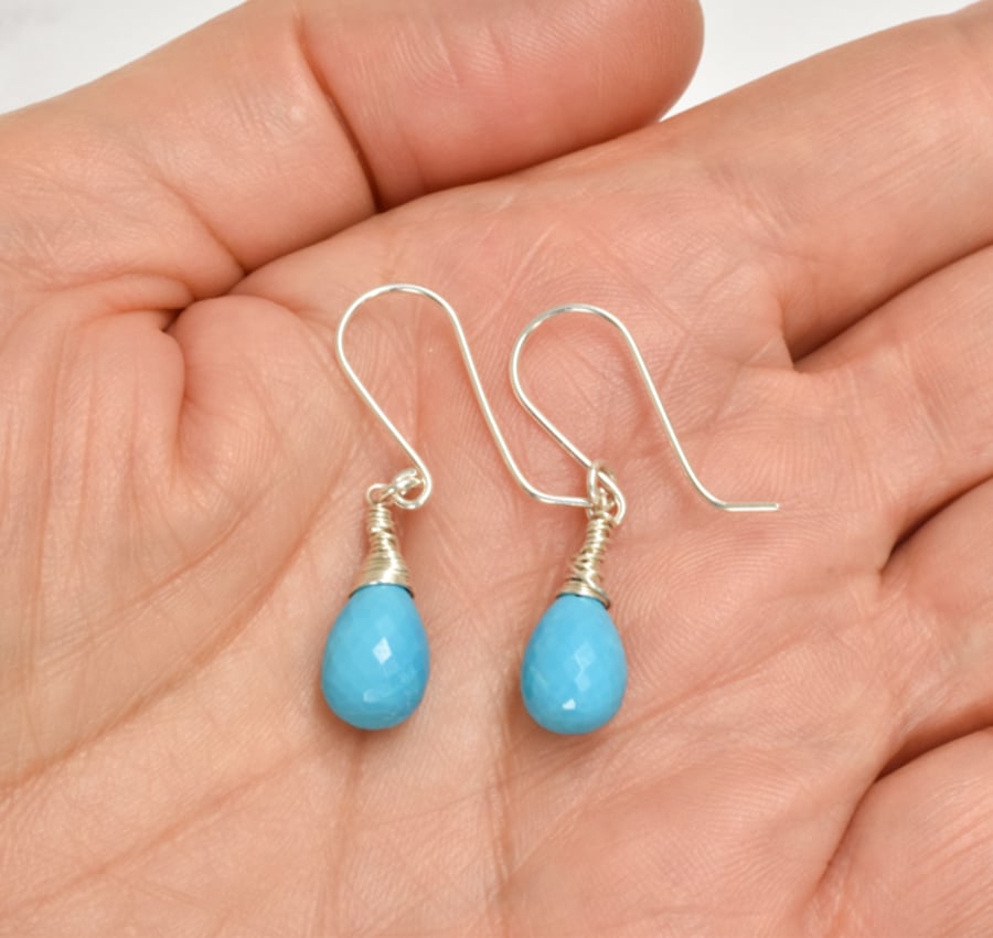 Gorgeous Turquoise Sterling Silver wrapped Briolette Earrings