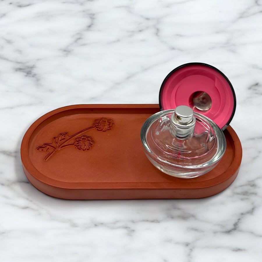 Terracotta Coloured Oval Catchall Tray With Floral Imprints 