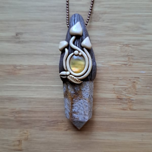 Thousand Layer Quartz with Mother of Pearl and Polymer Clay Mushroom Amulet