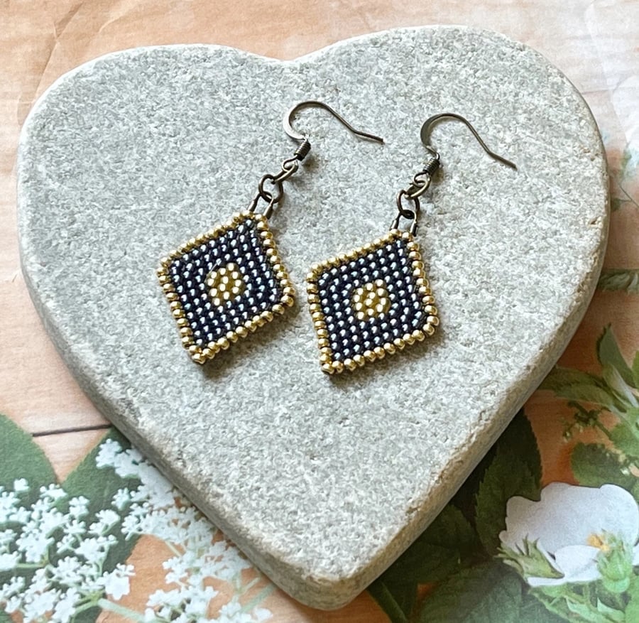 Navy blue and gold bead weave diamond earrings