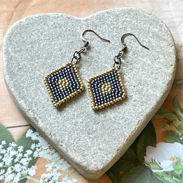 Navy blue and gold bead weave diamond earrings