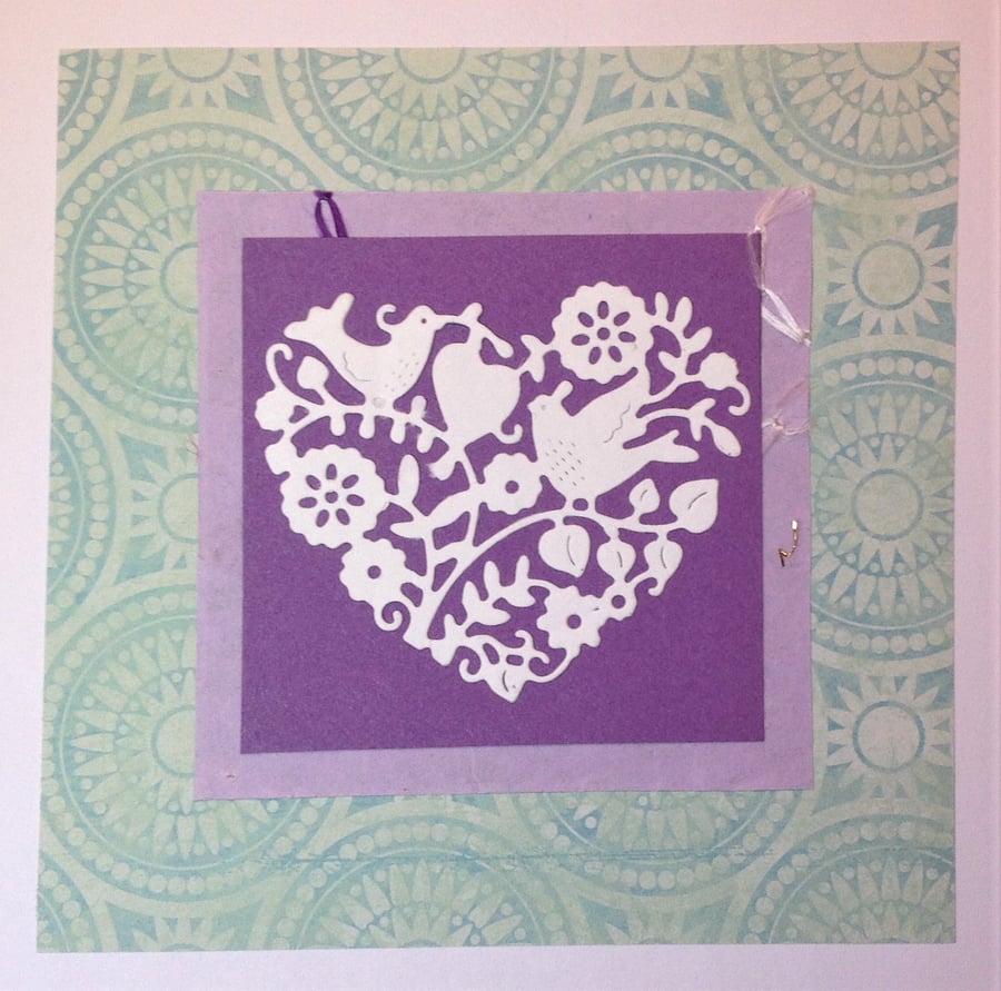 Handmade engagement, wedding, anniversary card with heart, bird and flowers 