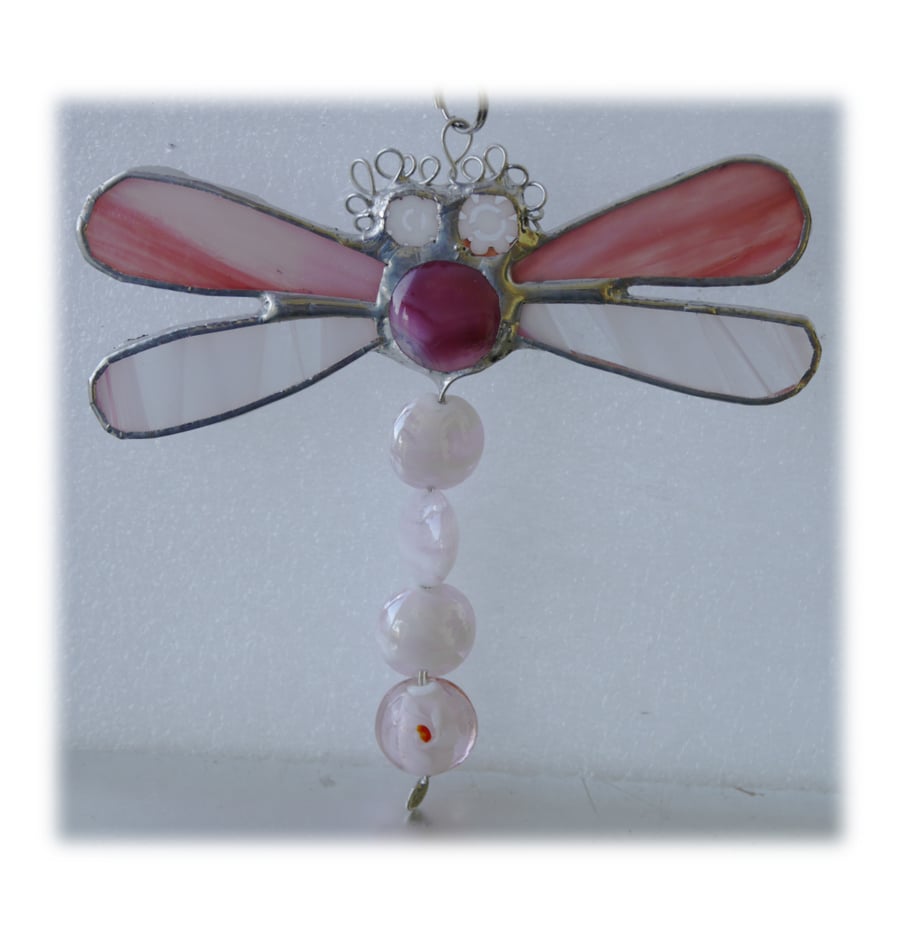Dragonfly Suncatcher Stained Glass Pink Bead-Tailed 027