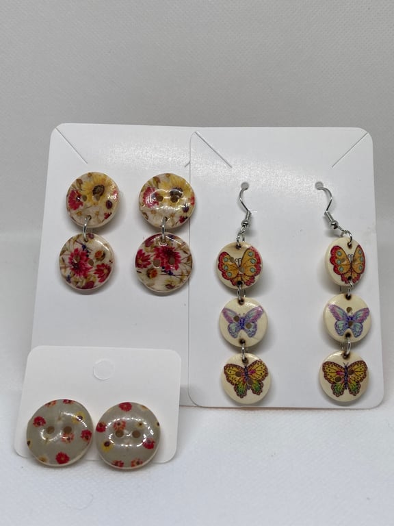 Set of Three Charming Vintage Floral & Butterfly Wooden Button Earrings