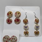 Set of Three Charming Vintage Floral & Butterfly Wooden Button Earrings