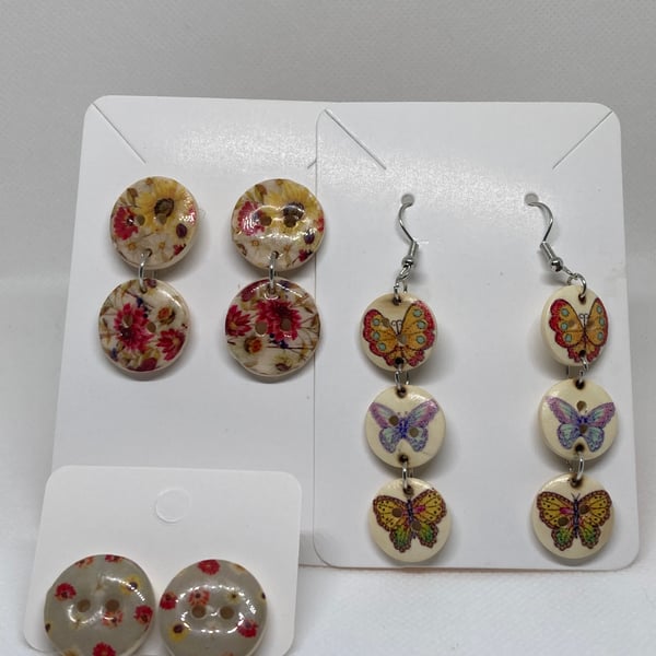 Set of Three Charming Vintage Floral & Butterfly Wooden Button Earrings