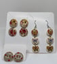 Set of Three Charming Vintage Floral & Butterfly Wooden Button Earrings