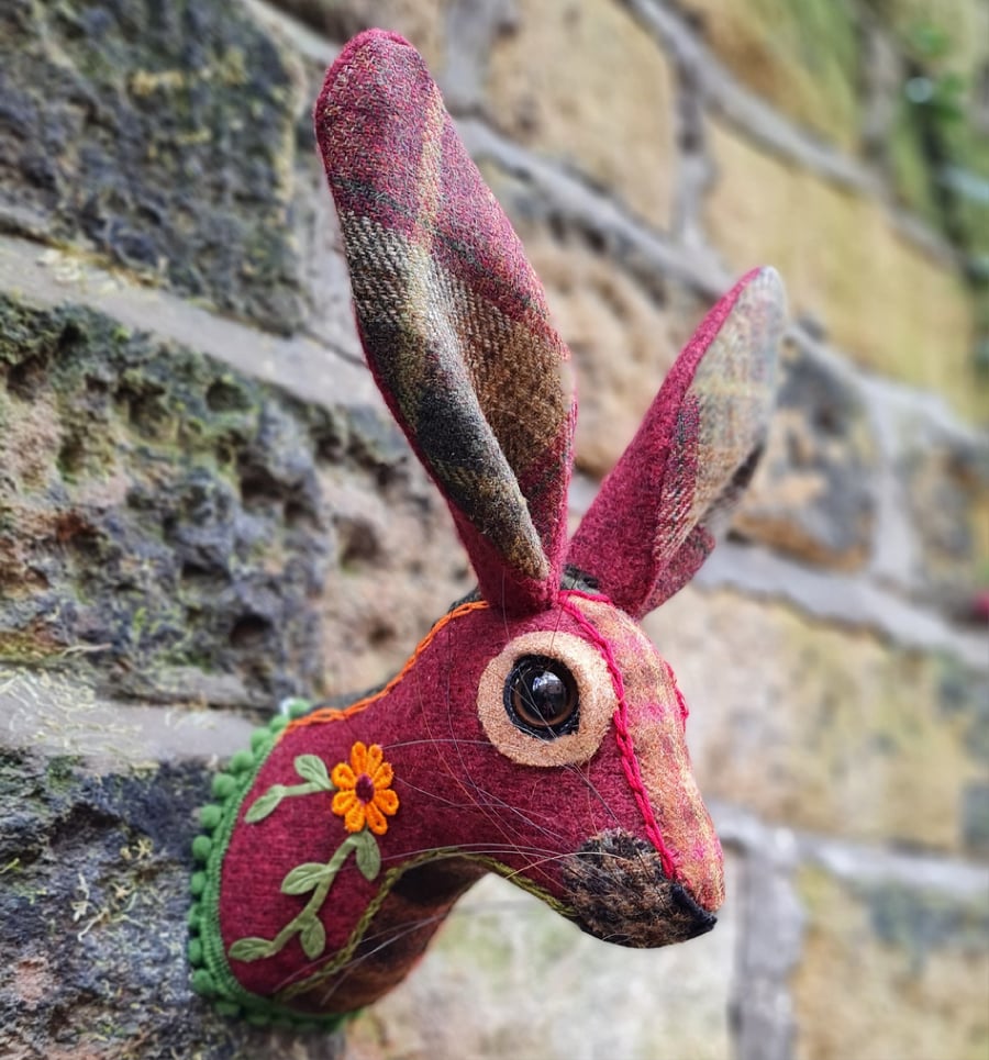 Faux hare head wall mount claret wool tartan & embroidery - Mr Helmsley