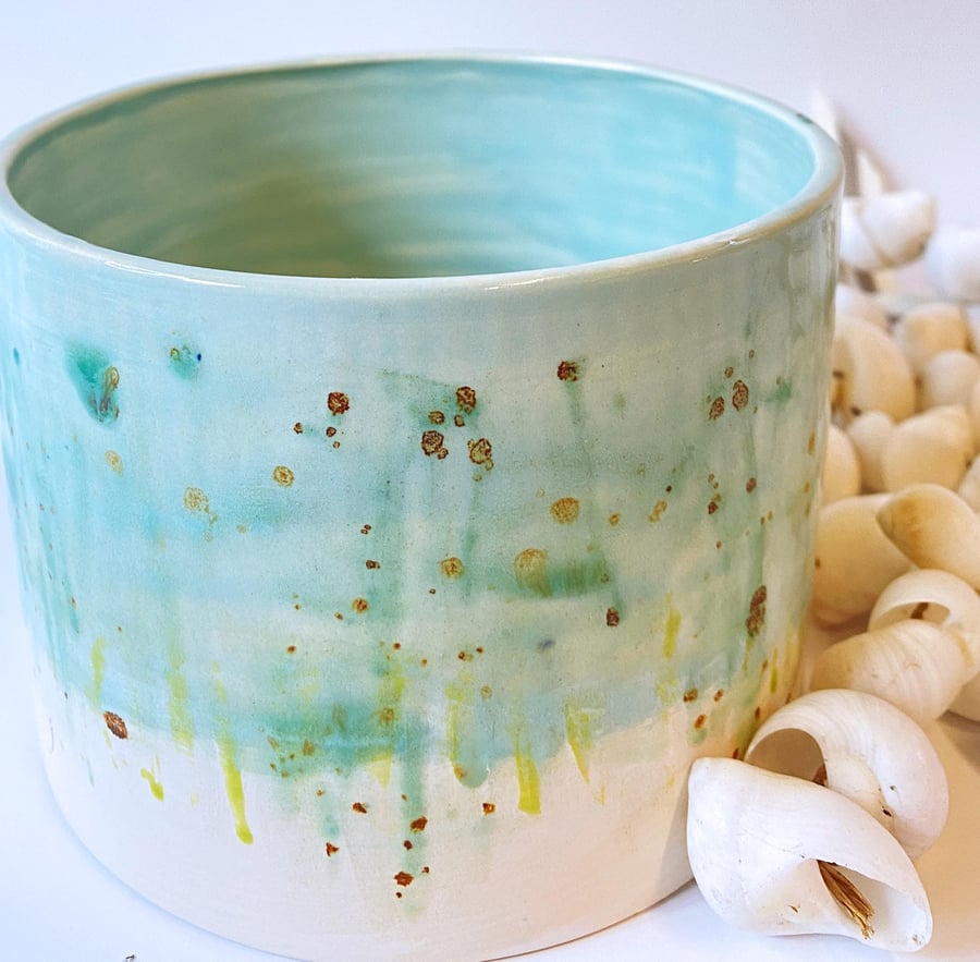 Hand glazed, wheel thrown drippy glazed ceramic planter; blues, turquoise & whit