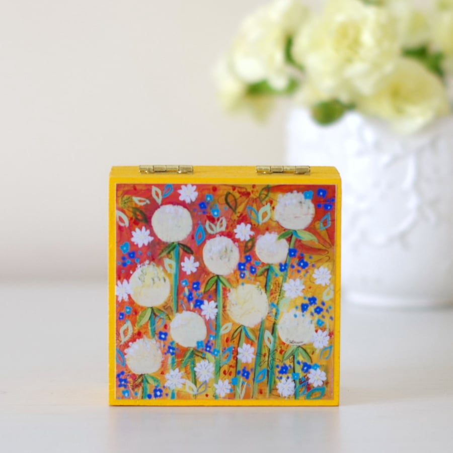 Yellow and Orange Small Trinket Box, Dandelions Floral Storage Box