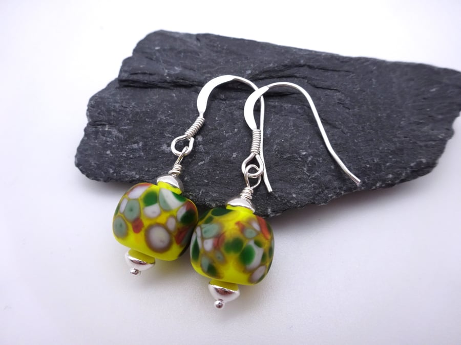 yellow and green frit lampwork glass earrings