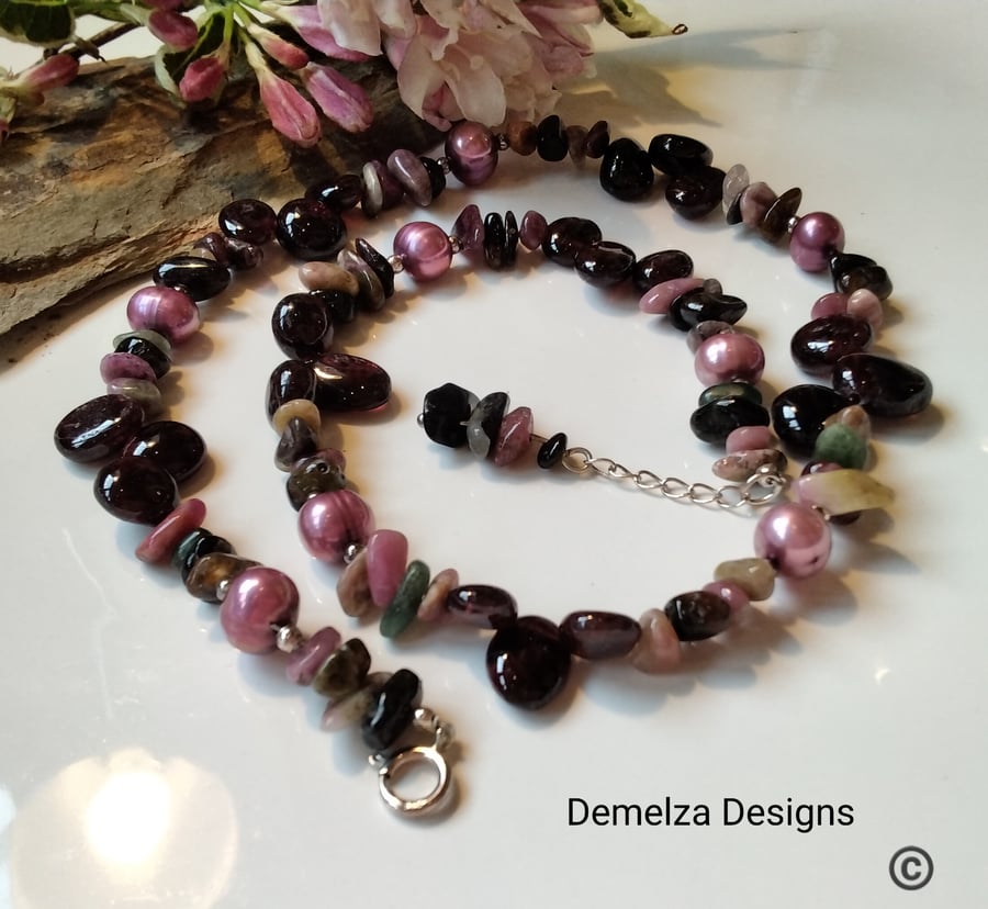  Tourmaline,  & Ruby Red Garnet, Freshwater Pearl,  Necklace & Bracelet Set