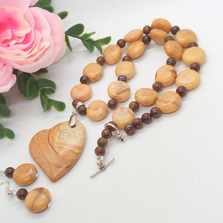 Jasper Heart Pendant on a Goldstone and Obsidian Necklace with Matching Earrings