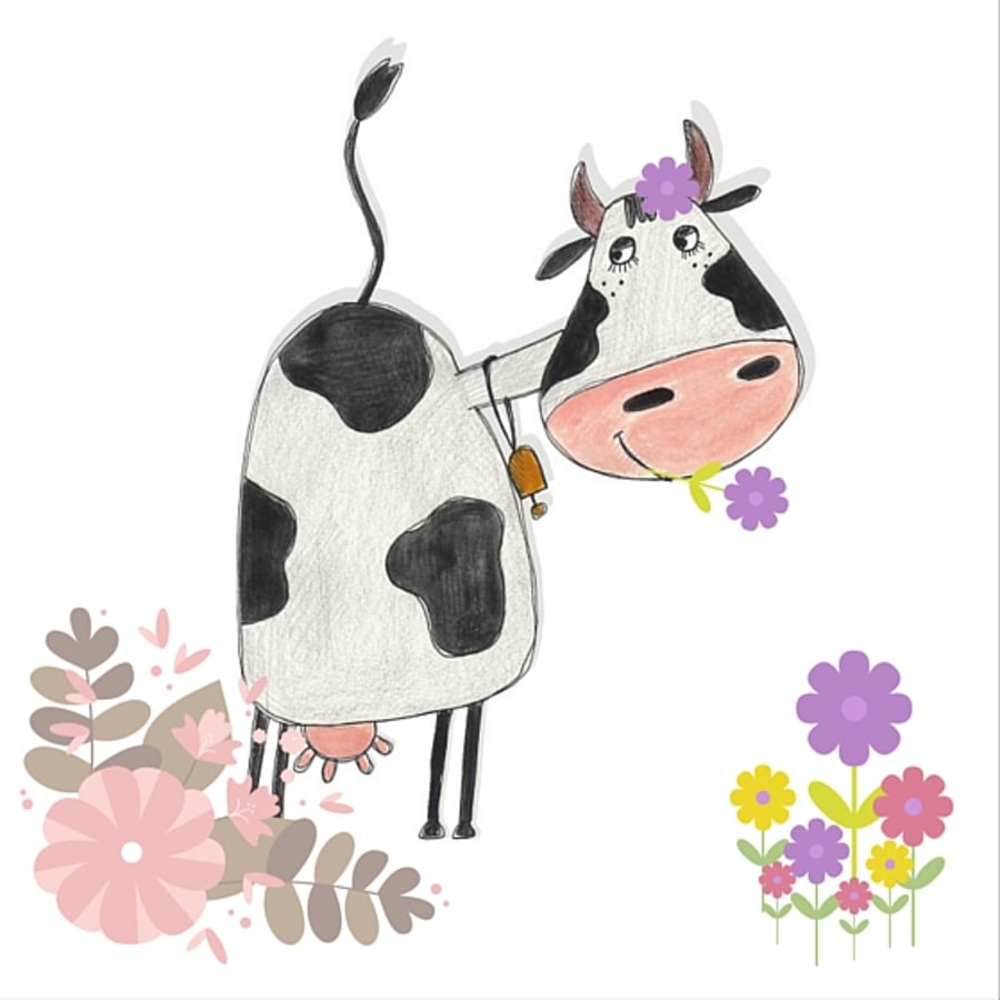 Greeting card featuring a happy cow eating flowers
