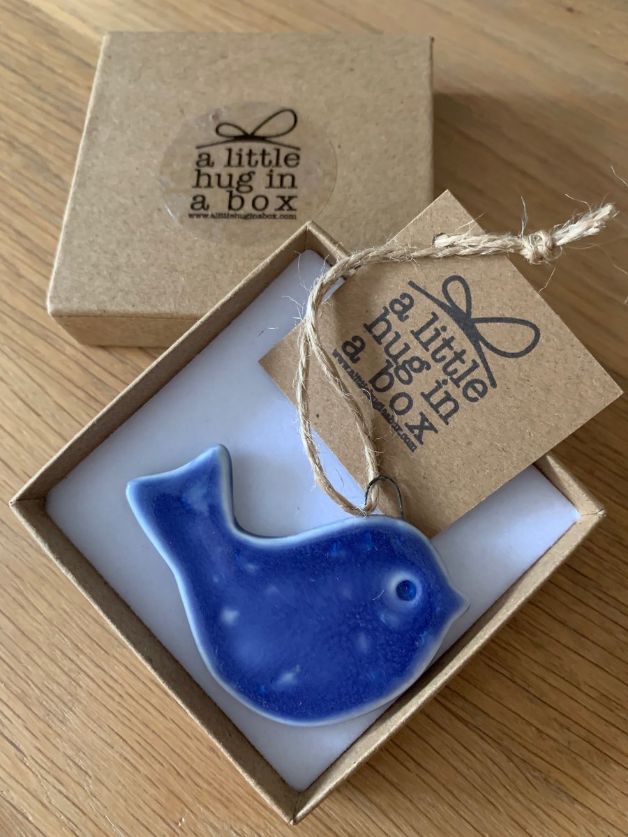  A Little Hug in a Box Hand Made True Blue Speckled Porcelain Bird  