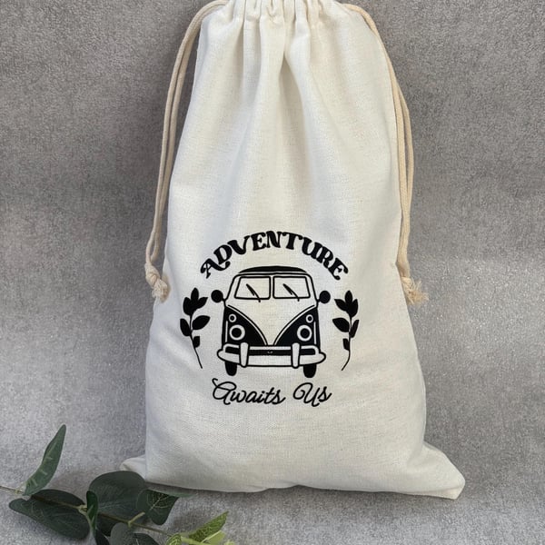 Cotton Drawstring Travel Bag, Adventures Await Us 