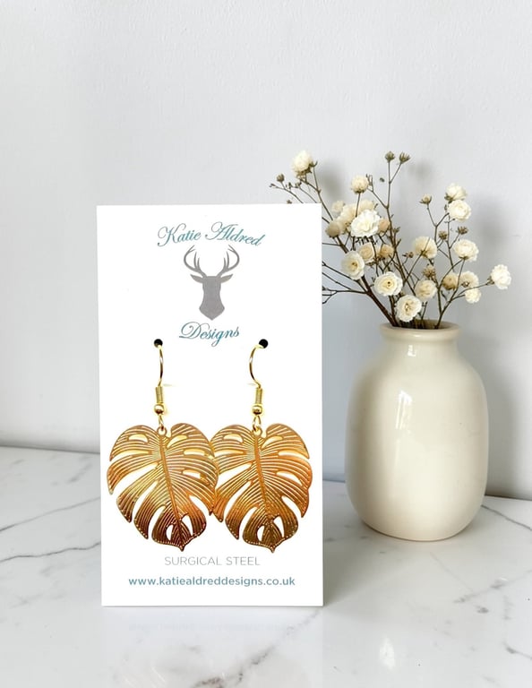 Charm Earrings - Large Gold Monstera Leaf