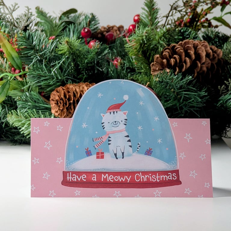 Christmas Greeting Card - Die Cut Shaped - Cute Cat in Snow Globe