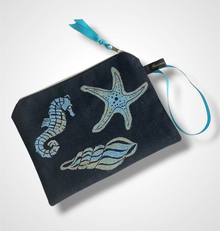 Navy Peacock Feathers Velvet Zip-Up Pouch