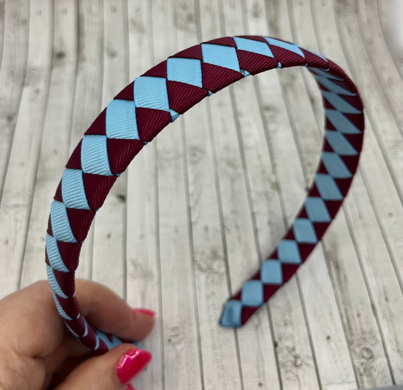 School Wine and Light Blue Diamond Pleated Hairband