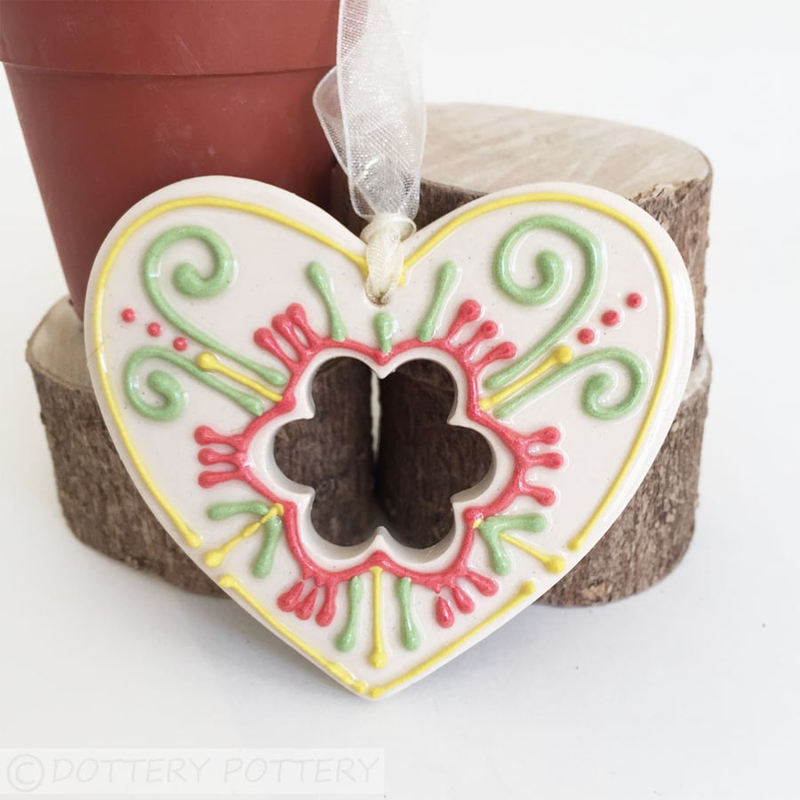 Ceramic Folk art heart hanging decoration Pottery Heart love heart 